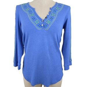 Alp N Rock Blue Henley Mikki Floral Embroidered 3/4 Sleeve Top Size Large